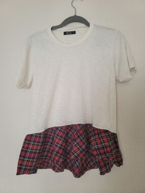 Michael Lauren White Tee with Red Plaid Ruffle Hem
